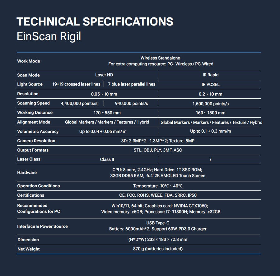Einscan Rigil - Wireless 3D Scanner