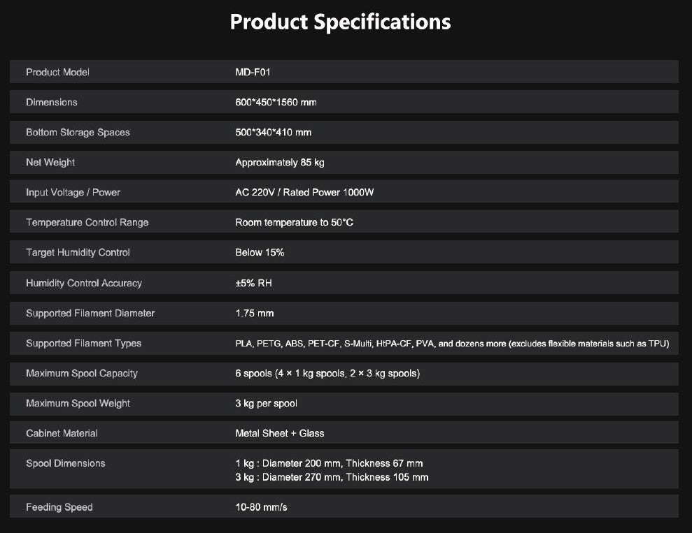 Mingda MD-F01 - Automated Filament Feed Dehumidifier Cabinet