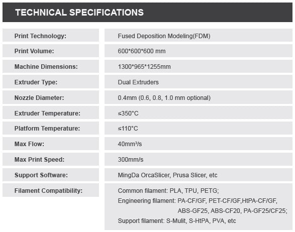 Mingda MD-600D Dual Extrusion Large Format 3D Printer